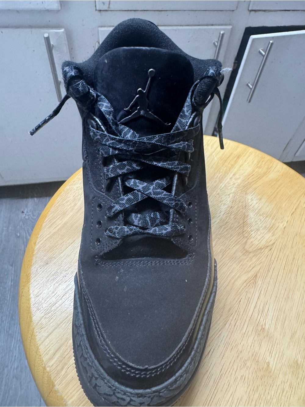 Jordan black cat 3s with Patterned Laces